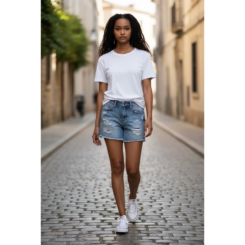 Judy Blue Distressed Denim Shorts Women's Small Raw Hem Mid Rise Stretch
